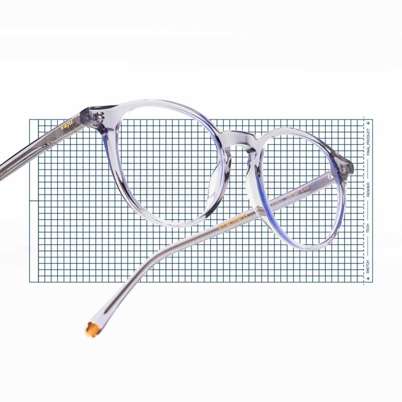 Diseño de montura óptica con estudio técnico de proporciones.