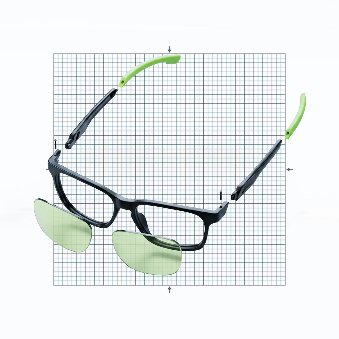 Concepto de montura óptica con elementos de lente verdes