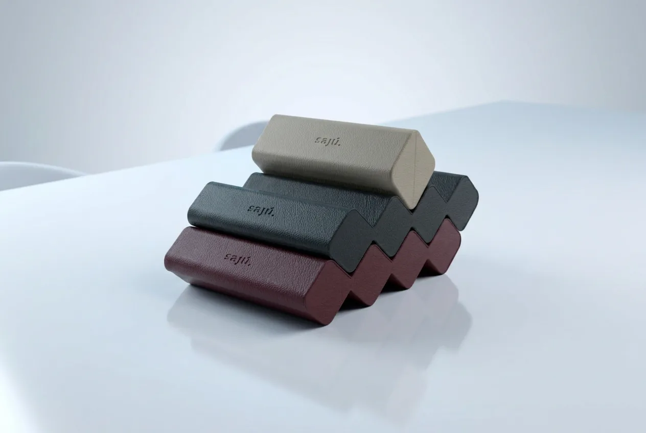 Stacked geometric eyewear cases in different colours