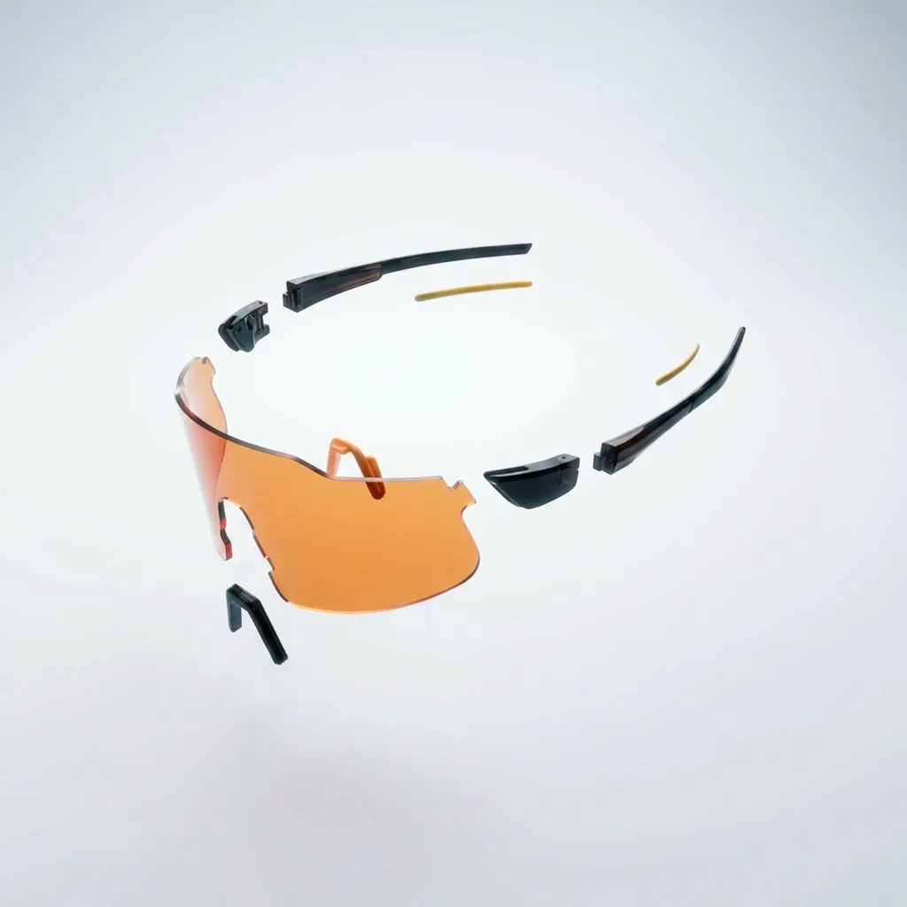 Sports eyewear with an orange shield lens