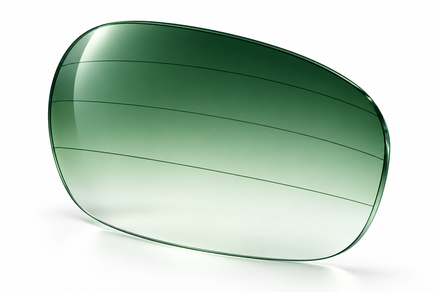 A single curved green-gradient lens with three schematic surface contours on white