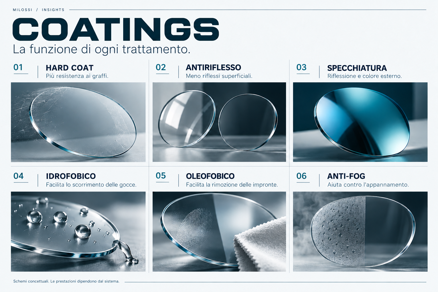 Infografica MILOSSI con sei trattamenti delle lenti e le loro funzioni