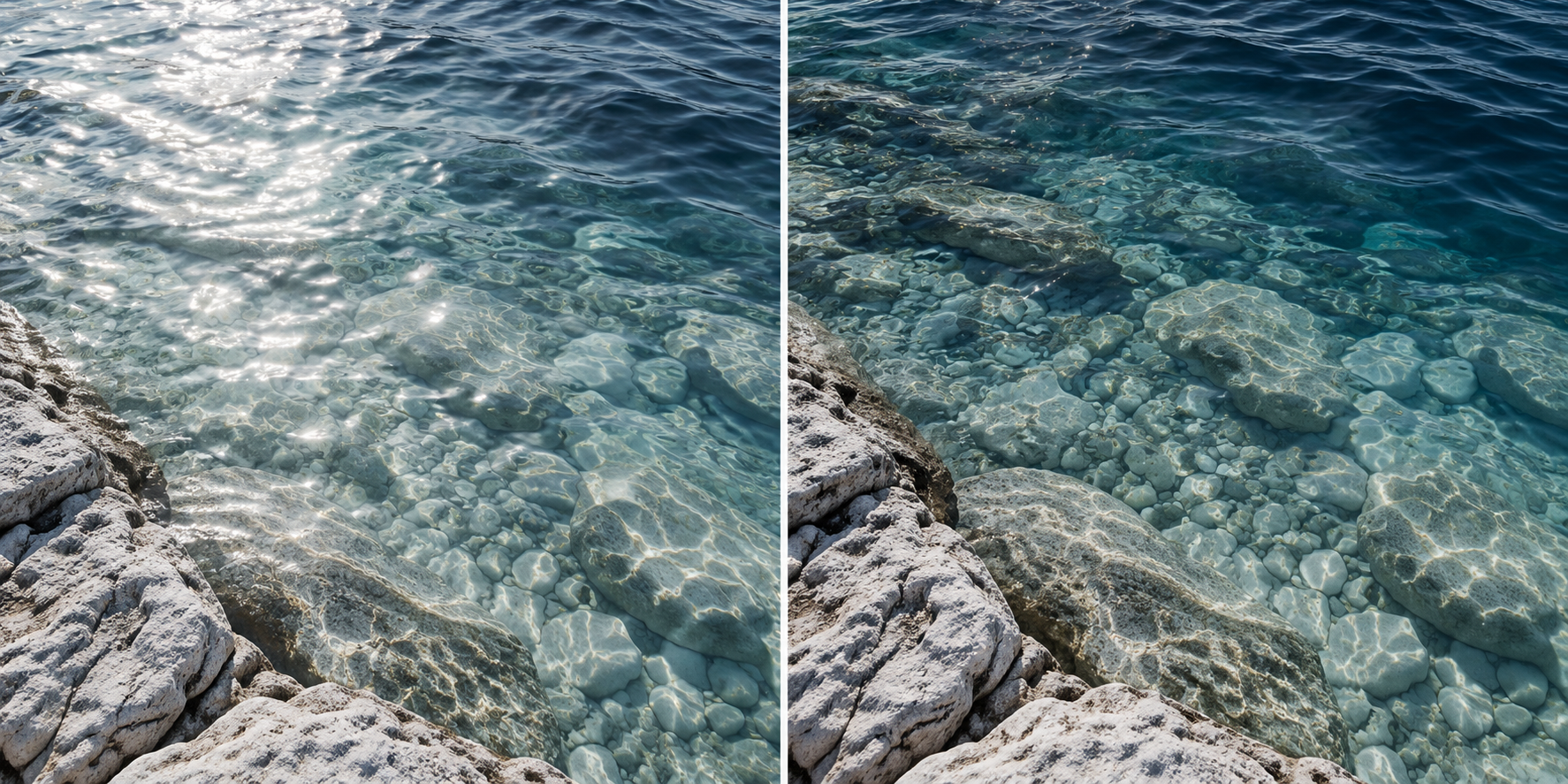 Conceptual sea comparison with stronger surface reflection on the left and reduced reflection on the right
