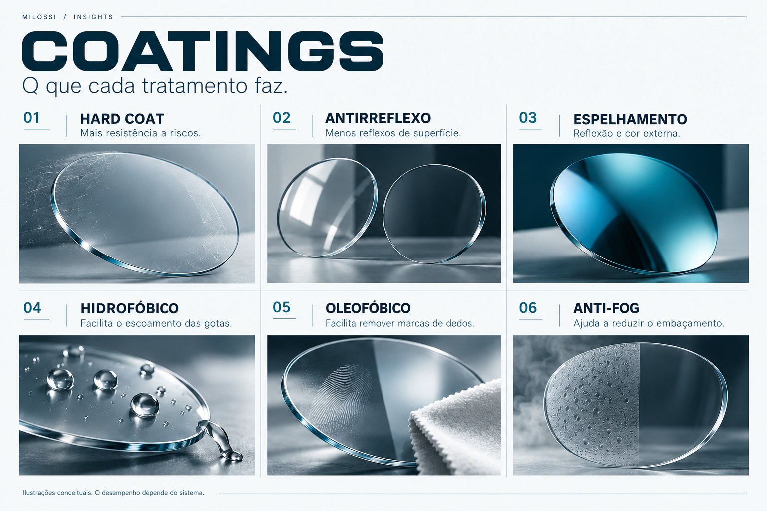 Infográfico MILOSSI com seis tratamentos para lentes e suas funções