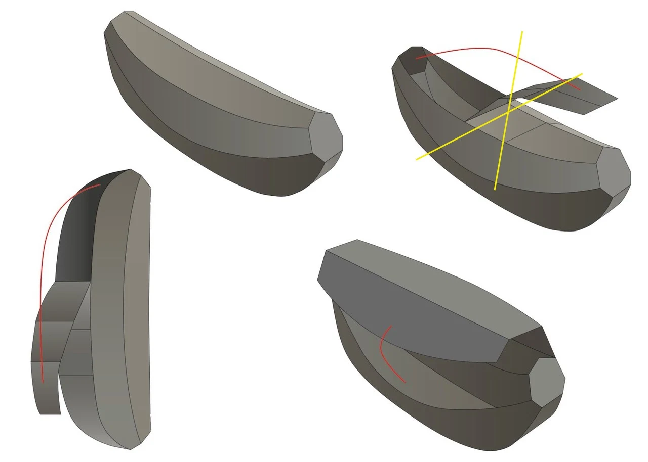 Primi studi 3D grigi con diverse direzioni di apertura del Banana Case rigido