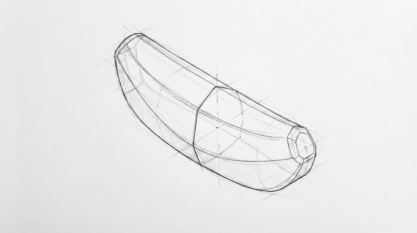 Schizzo prospettico del Banana Case curvo e delle sue superfici sfaccettate
