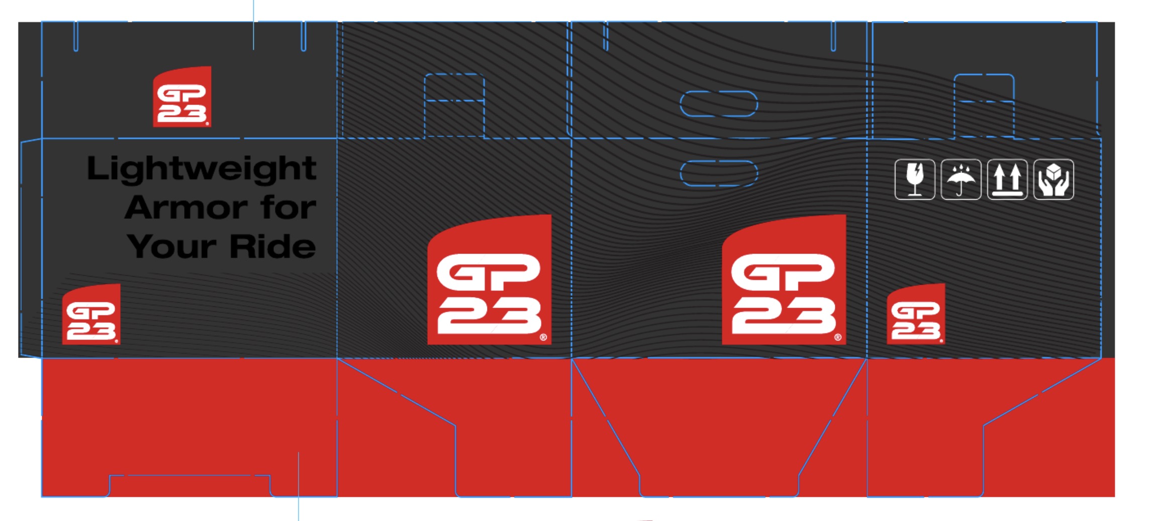 GP23 colour artwork: black panels, red flaps and blue cutting and folding lines
