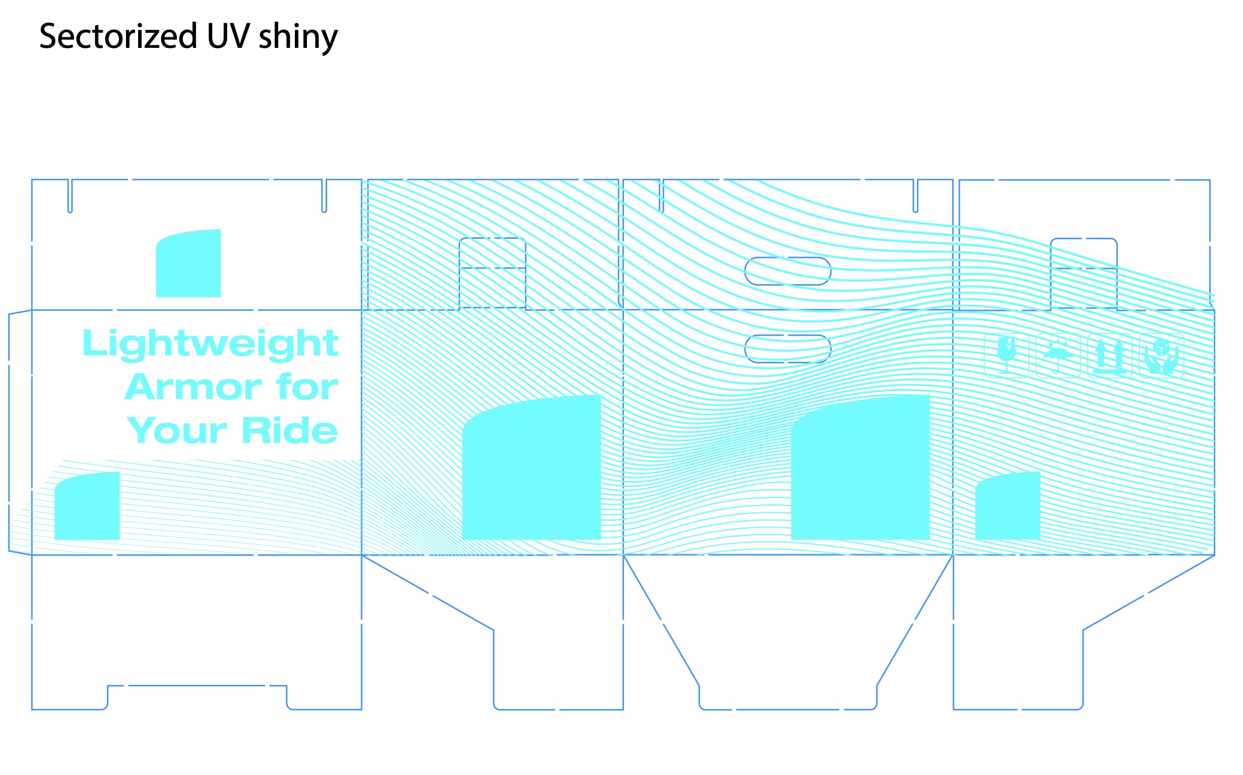Sectorized UV shiny: cyan mask defining the selective gloss pattern and graphic elements