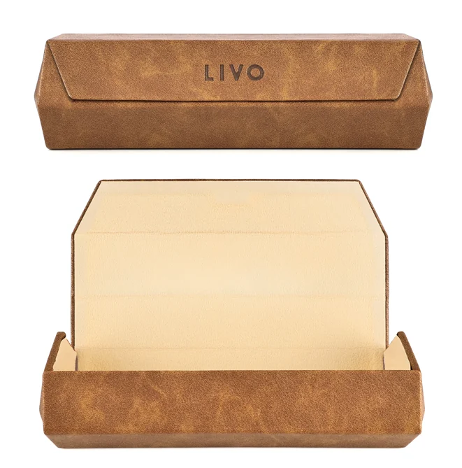 Warm brown LIVO eyewear case shown closed and open with a pale interior