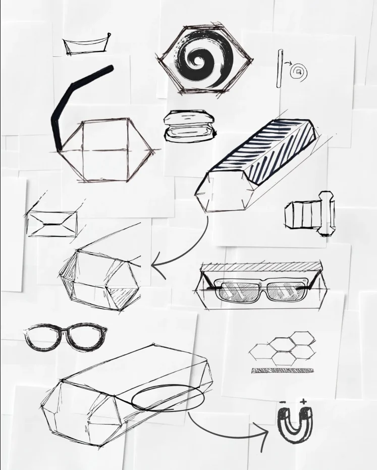 Project sketch board exploring hexagonal profiles, glasses inside the case, the opening, grouped cells and a magnetic closure idea