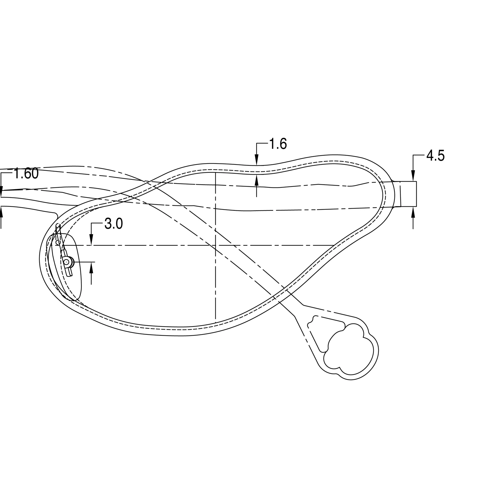 Technical eyewear drawing showing the lens contour, rim dimensions and nose-pad position